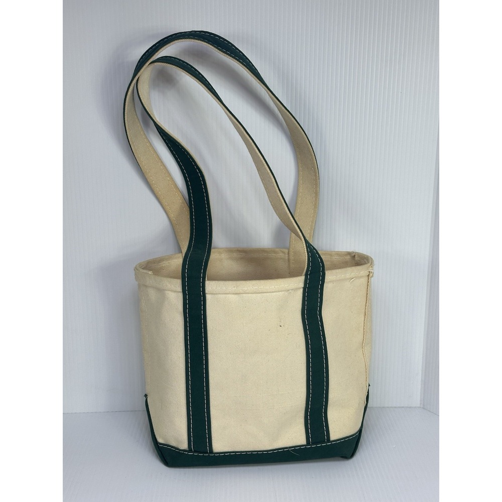 Vintage Small LL Bean Green Canvas Long Handled Boat & Tote Bag Embroidered